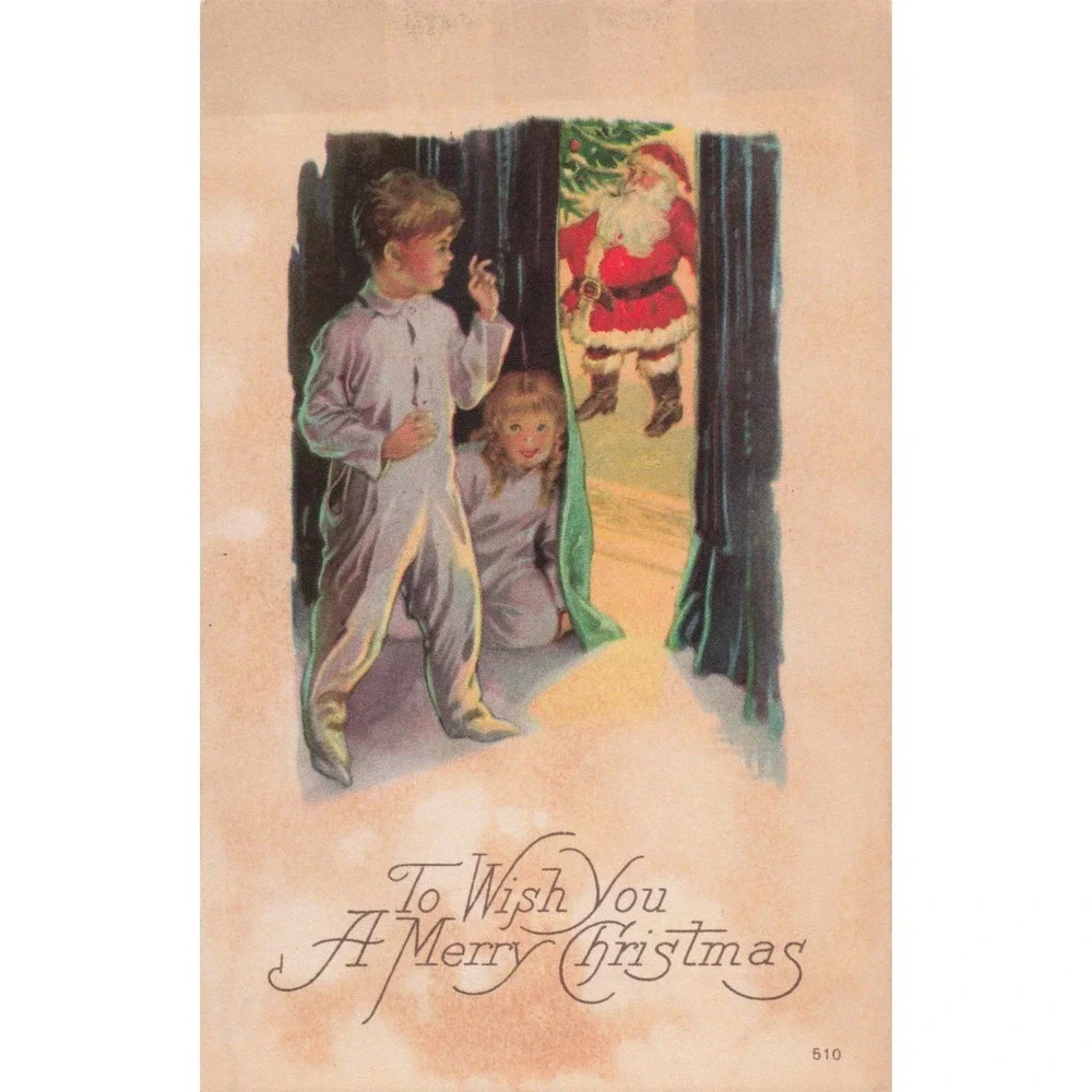Vintage Christmas Postcard Children Peeking at Santa Claus 510 Divided Back USA